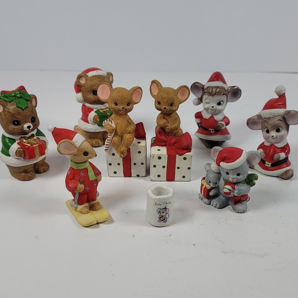 Vintage Christmas Mouse Bear Figurine Lot Homco Russ Berrie Holiday Decor 9pc
